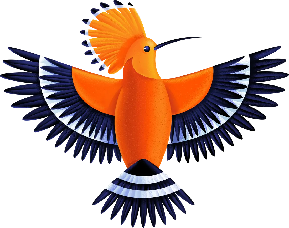 Hoopo, the hoopoe mascot, with wings spread