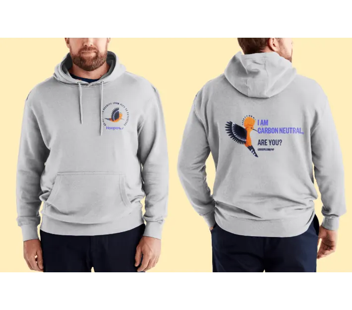 The Hoopo carbon-neutral hoodie, front and back