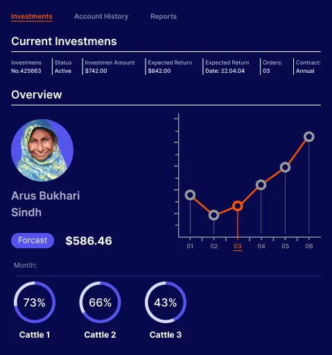Investor portal showing a cattle farmer's cycle, forecast return and weight-gain progress
